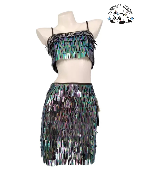 LEZONKIDS - Conjuntos de Roupas para Meninas Brilhantes com Top Halter e Saia com Lantejoulas Coloridas Especialmente Projetados